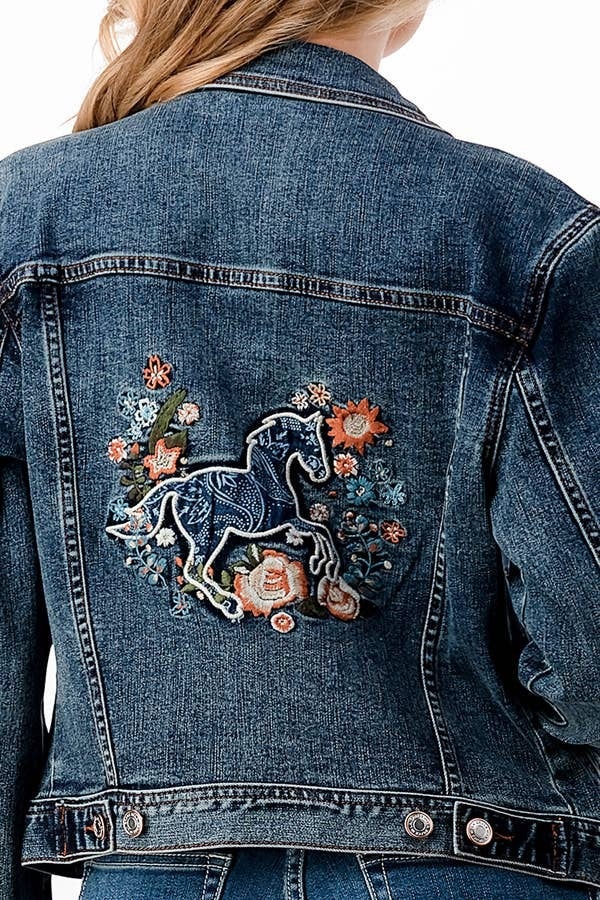 Grace Horse/Floral Embroidery Paisley Trim Denim Jacket | TE-S643 